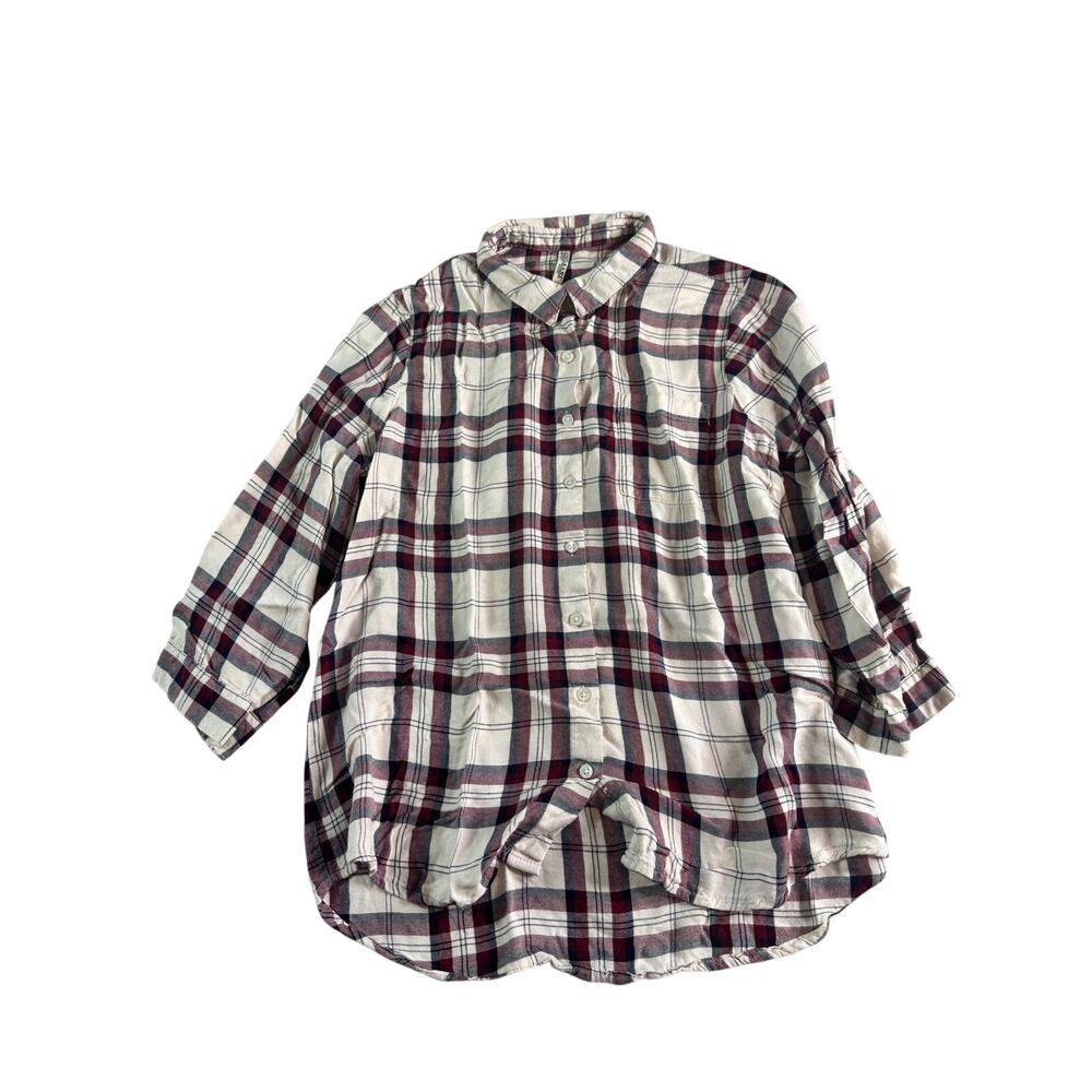 Bare Denim Plaid Shirt Womens Large 3/4 Sleeve Rayon Button Front Off White Red